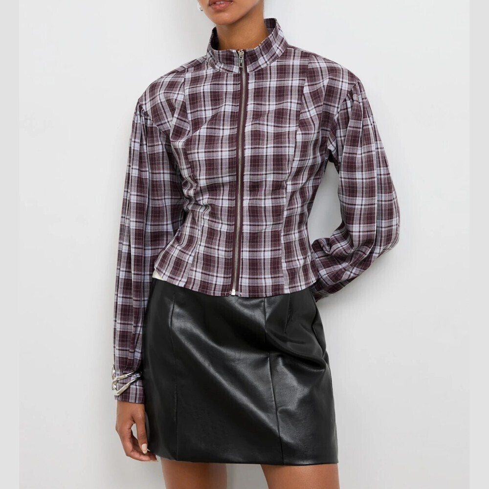 Plum Plaid Zip Front Stand Collar Cinched Fitted Crop Jacket